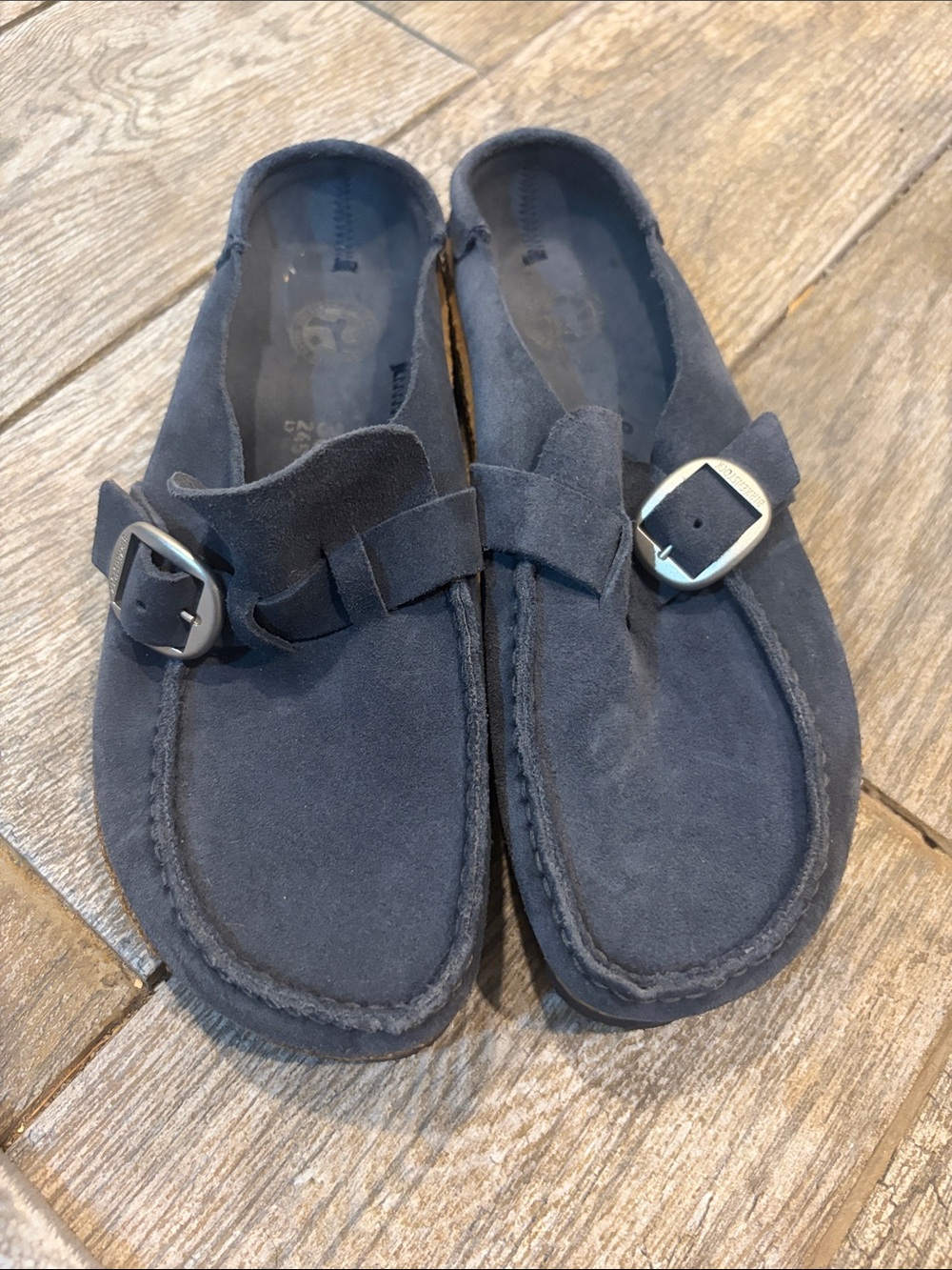 Birkenstock Buckley Navy Suede Slip-On Buckle Mules size 38 narrow